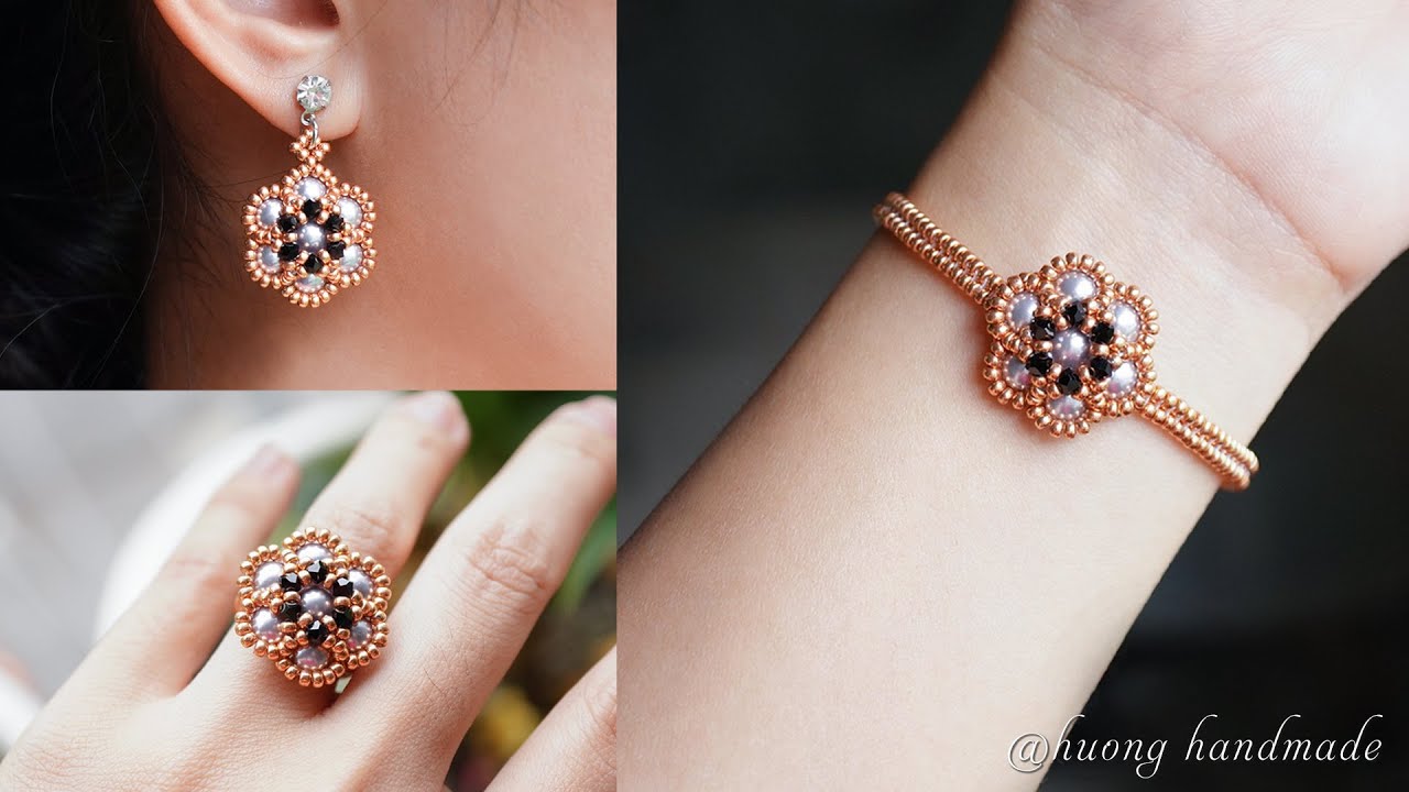 Elegant pearl jewelry set. Simple and easy to make beaded jewelry. Earrings, bracelet & ring