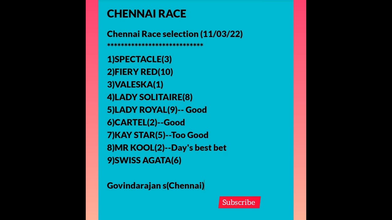 CHENNAI RACE SELECTIONS (11/03/22)@allindiaracechannel