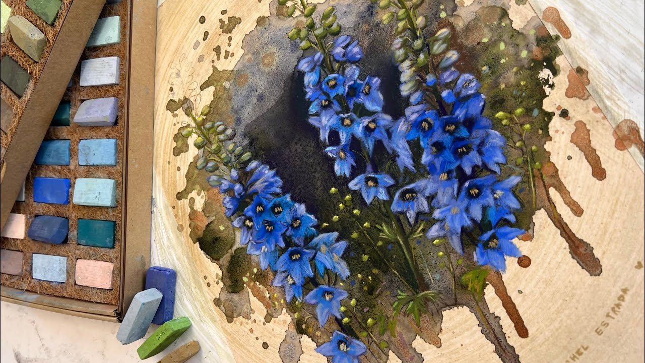 Pastel demo: delphiniums using Earthberry Pastels & an acrylic wash