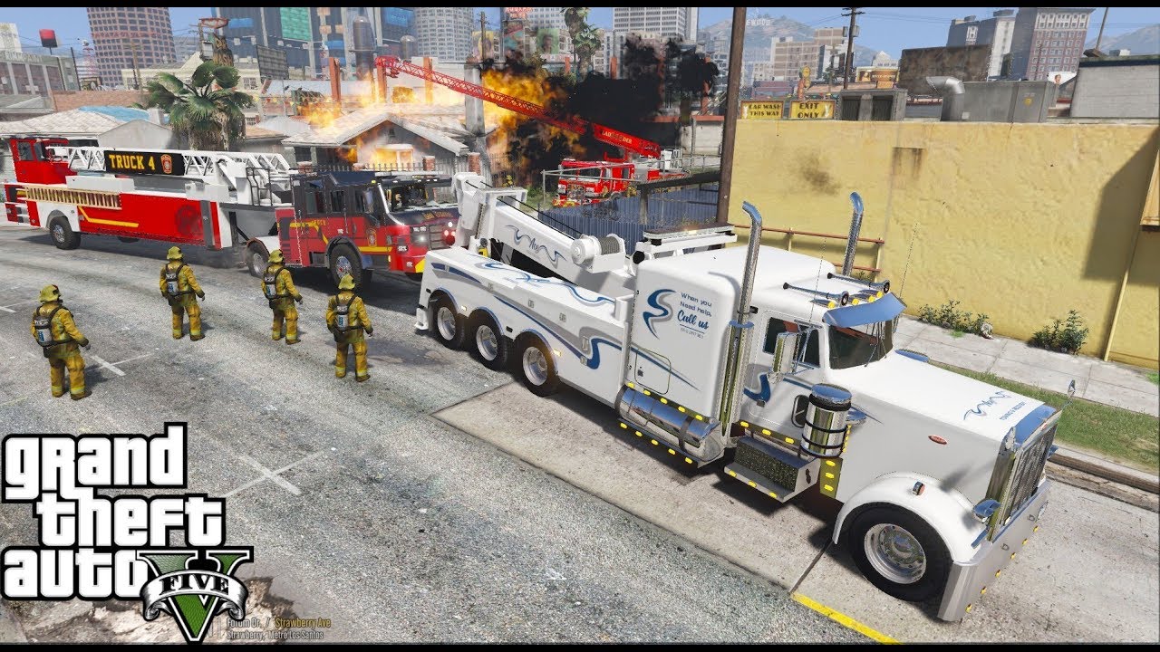 Wrecker Towing Biggest Tiller Ladder Fire Truck in GTA 5