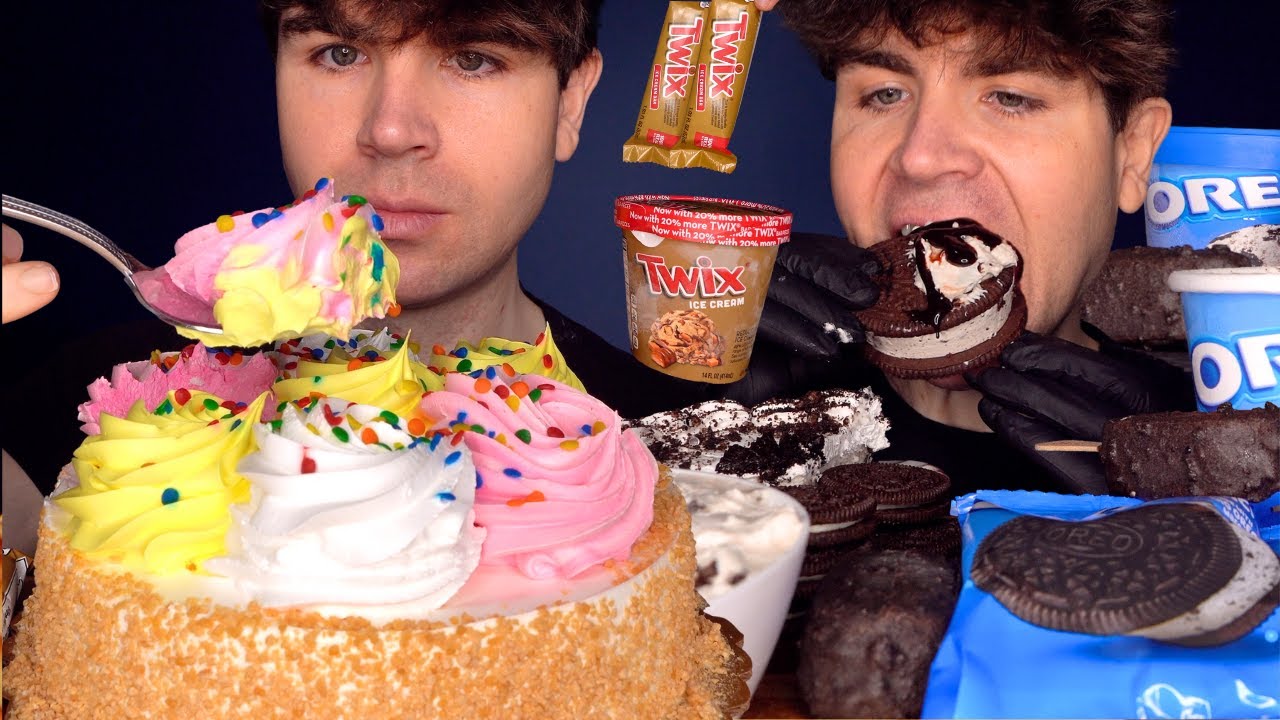 ASMR CELEBRATION CAKE & OREO CHOCOLATE ICE CREAM & ICE CREAM CAKE DESSERT MUKBANG