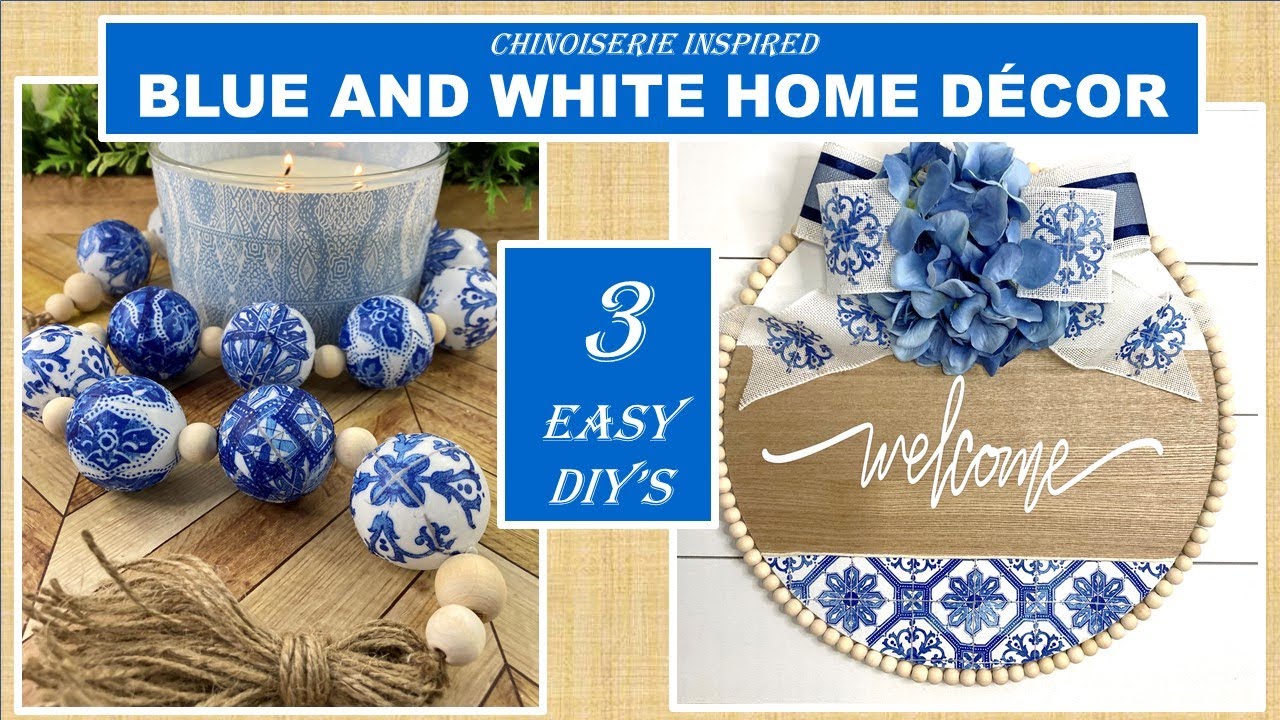 BEAUTIFUL BLUE AND WHITE HOME DECOR | 3 EASY DIY's | CHINOISERIE WOOD WREATH | BEAD GARLAND 2021