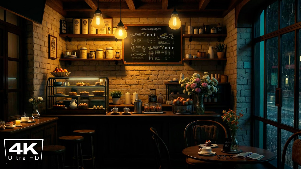 [4K] Soothing Jazz Instrumental Music at Coffee Shop Ambience & Rain Sounds for Work, Focus