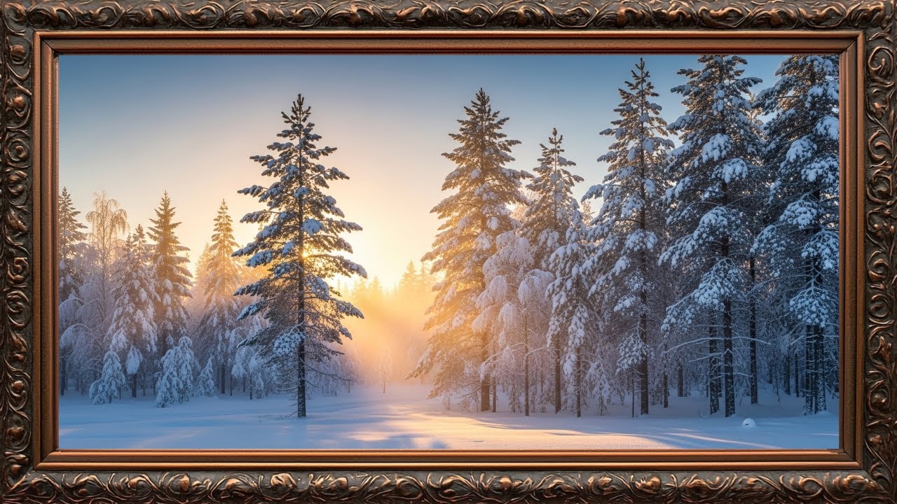 Winter Sunrise Forest, Peaceful Snow Landscape | Gold Framed TV Art Screensaver