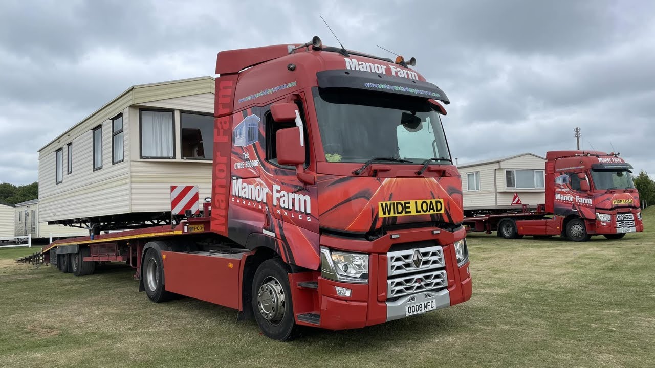 Caravans loading onto a truck at The Chase Caravan Park, Ingoldmells