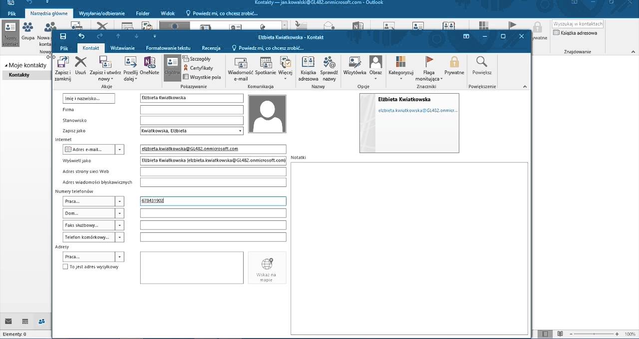 Office 365 dla Firm - tworzenie lub edytowanie kontaktu w programie Outlook