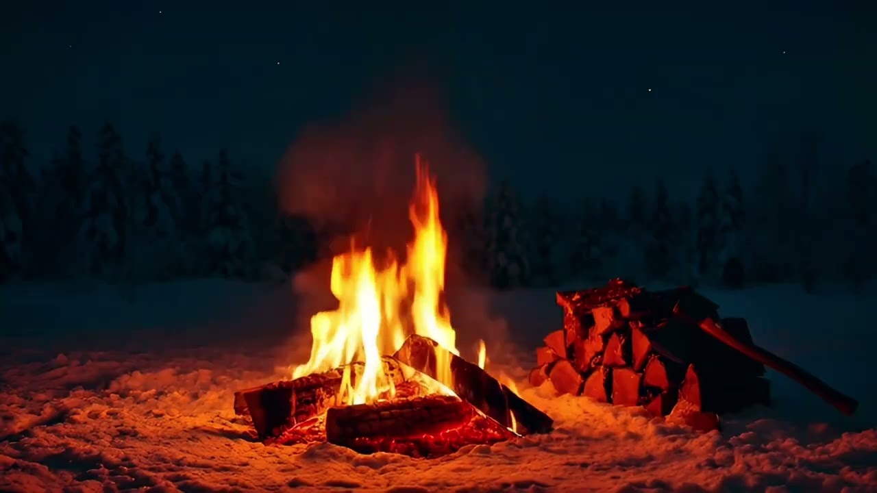 Warmth in the Wilderness | 1 Hour Midnight Fireplace in Deep Snow 🔥❄️