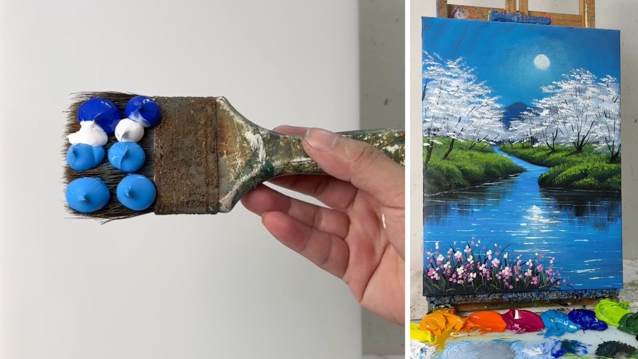 How to Paint a Moonlit River with Cherry Blossoms | Relaxing Acrylic Painting Tutorial