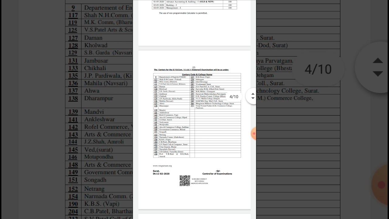 VNSGU External Exam Time Table-2020