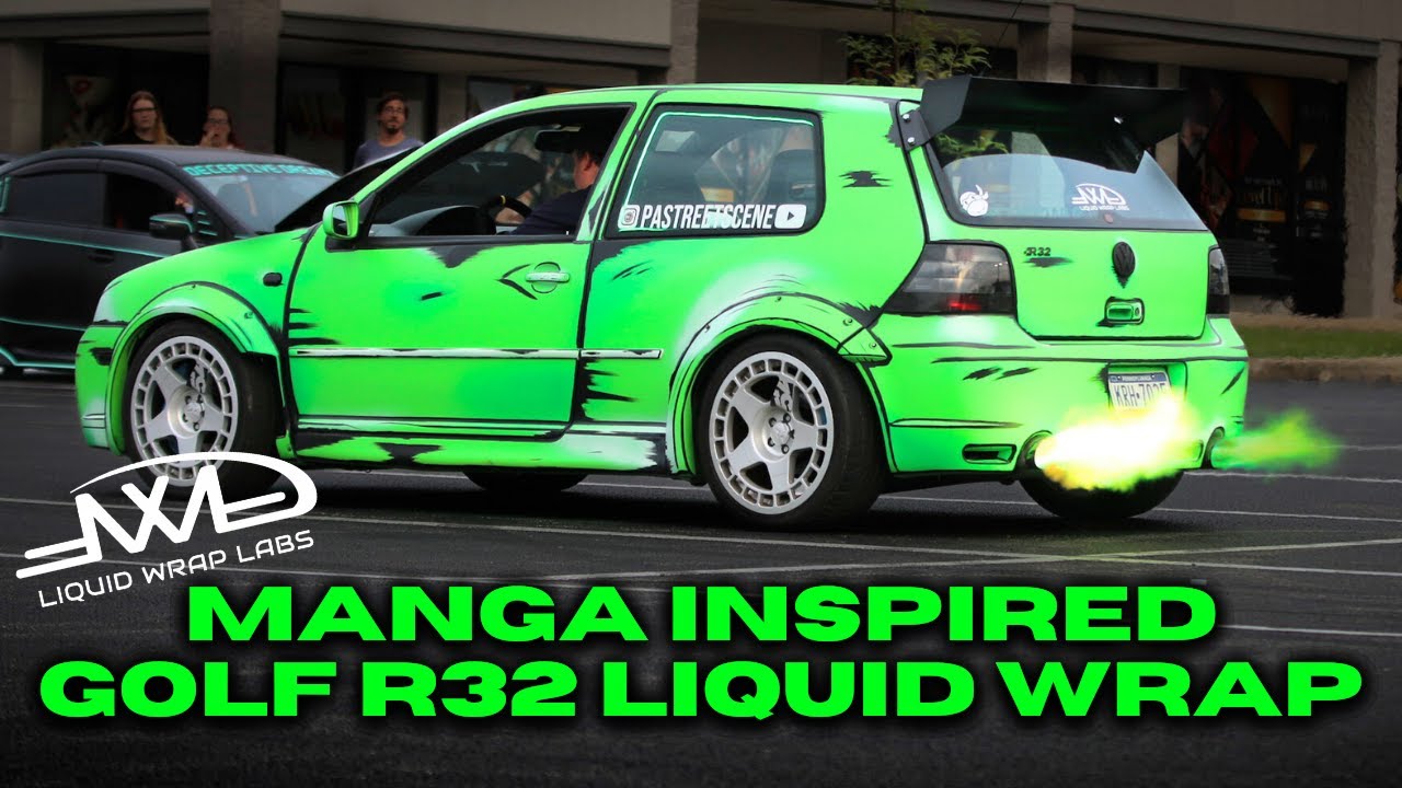R32 Given Manga Paintjob Wrap with Liquid Wrap Labs! VW Golf R32 Bright Neon Green!