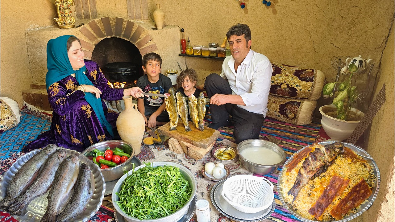A Peaceful Day in an Iranian Village | Grilling Stuffed Fish on Fire & Cooking Rice