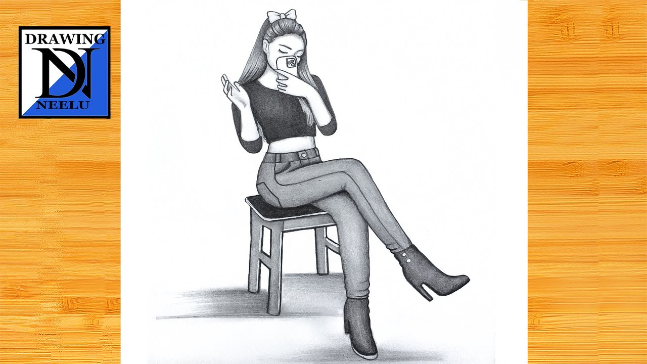 How to draw a Sitting Girl taking selfie -Pencil sketch || Drawing easy for beginner || Girl drawing