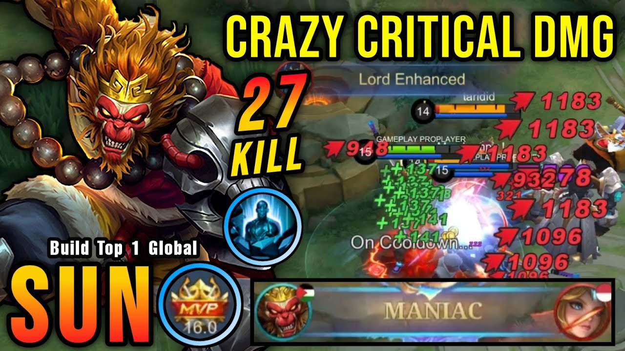 27 Kills + MANIAC!! One Shot Build Sun Crazy Critical Damage!! - Build Top 1 Global Sun ~ MLBB