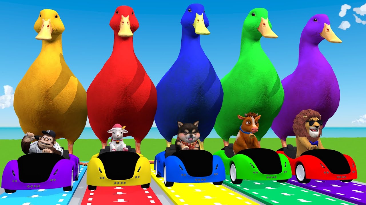 5 Giant Duck Cartoon,Cow,Tiger,Elephant,Lion,Puppy Paint Wild Animals Crossing Fountain Animation