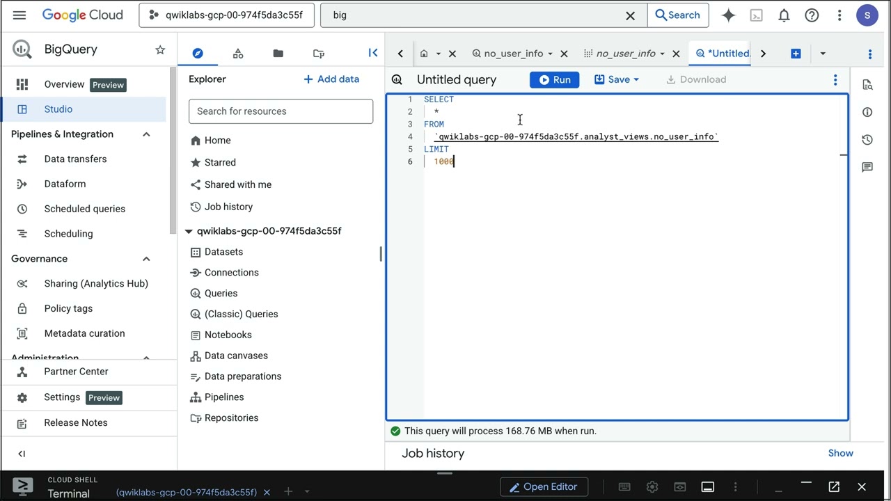 Security in Google Cloud v3.0 Lab 6: Creating a BigQuery Authorized View