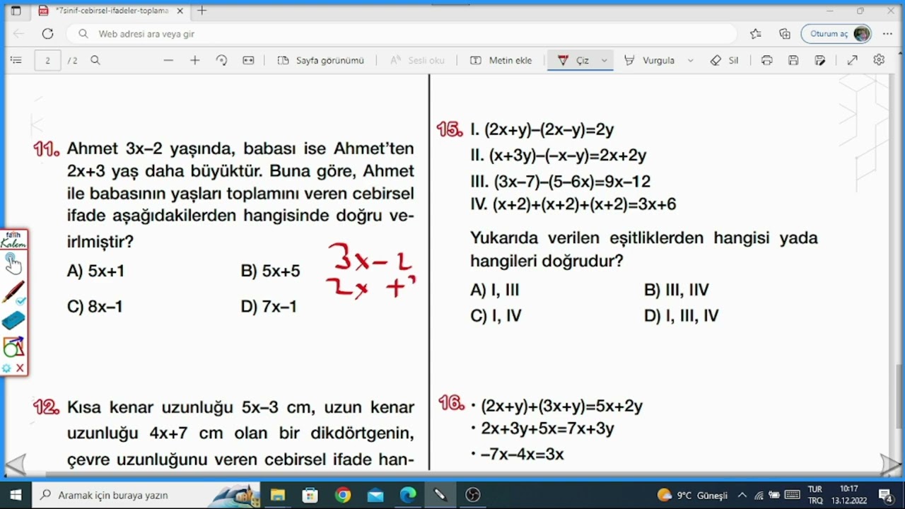 7.Sınıf Cebirsel İfadelerde Toplama Çıkarma İşlemi Test 1