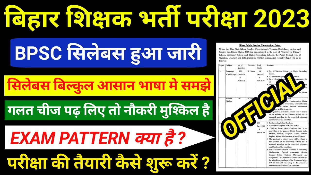 Bihar 7th Phase Teacher Syllabus In HIndi || Bihar Shikshak Bharti 2023 Syllabus || BPSC Syllabus ||