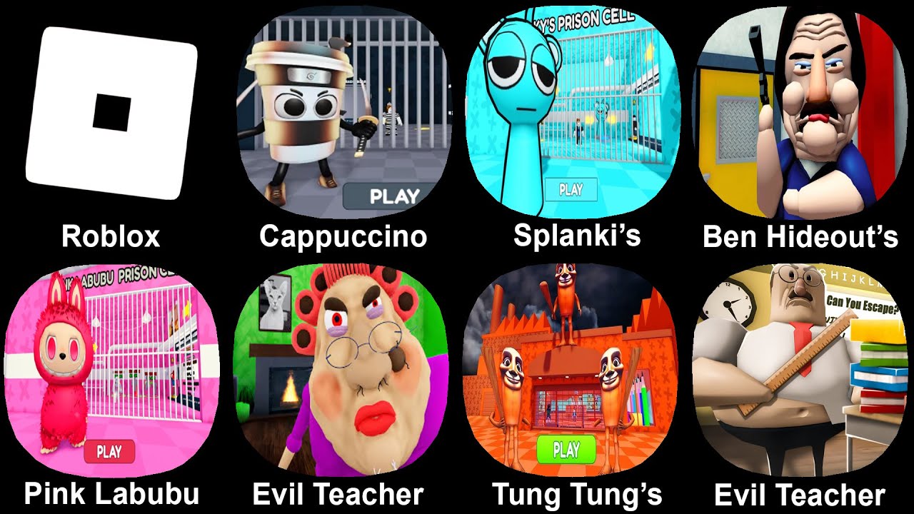 Roblox, Cappuccino Arassino, Splanki's, Ben Hideout's, Pink Labubu, Evil Teacher, Tung Tung's Shop