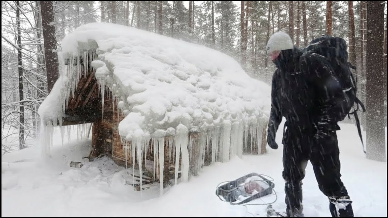 Alone in a Frozen Forest | One Man Builds a Cabin, Makes Fire, and Survives