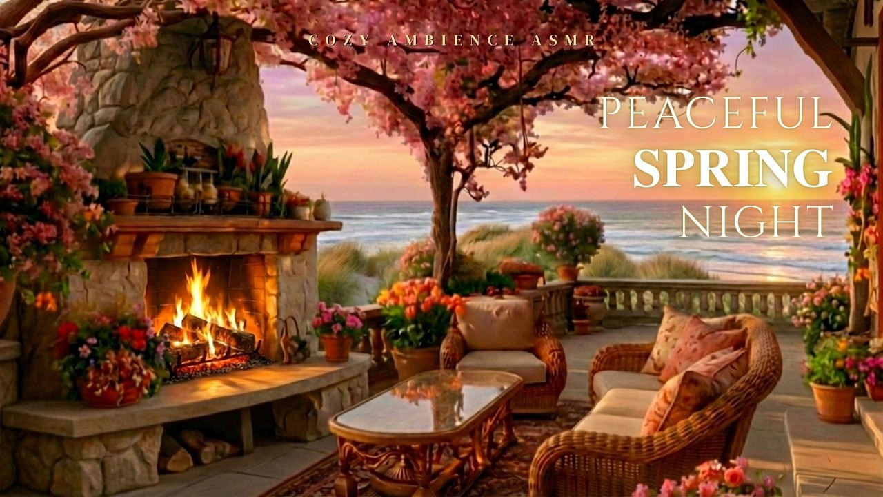 Peaceful Spring Night 🌊🔥Sunset Fireplace & Soft Ocean Sounds for Relaxation