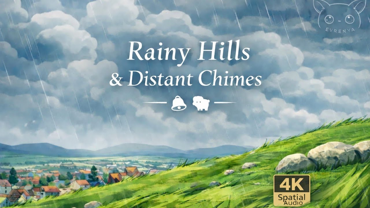 Rainy Hills & Distant Town Chimes | Hand-Painted Anime Ambience (30 Minutes)