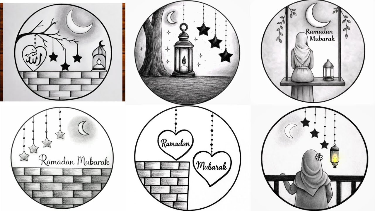 6 Easy Ramadan Mubarak circle drawing / Easy Circle Scenery Drawing/Easy drawing ideas for beginners