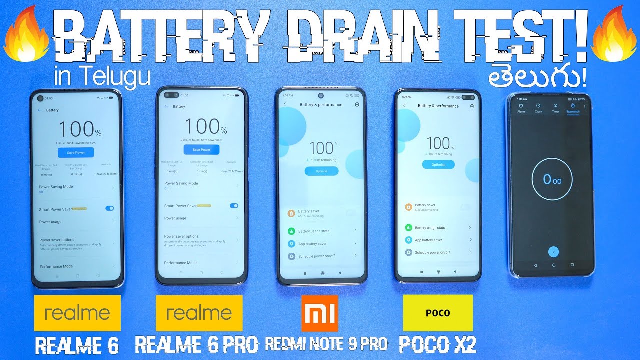 Realme 6 Vs Realme 6 Pro Vs Redmi Note 9 Pro Vs Poco X2 Battery Drain Test in Telugu!