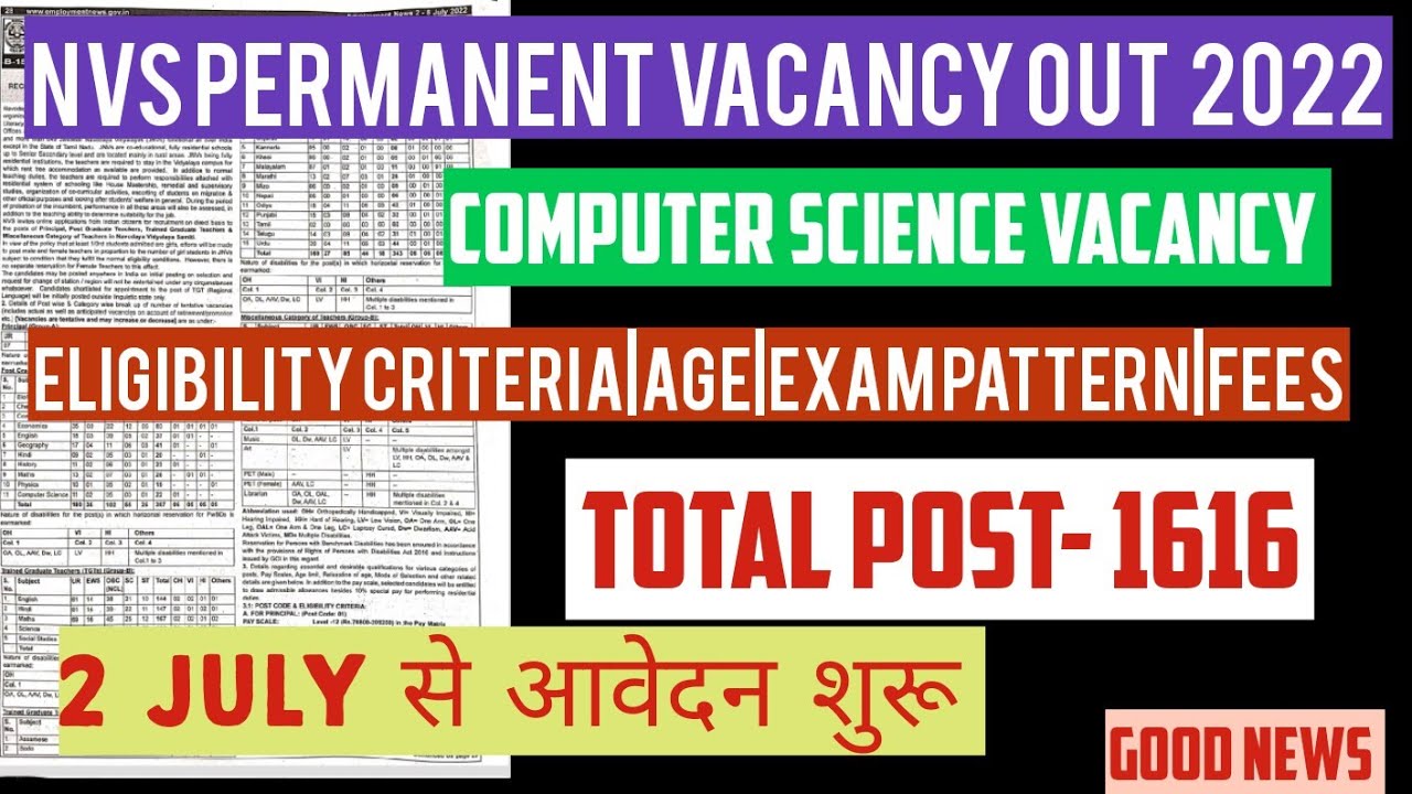 NVS COMPUTER SCIENCE PERMANENT VACANCY OUT 2022 || NS CLASSES
