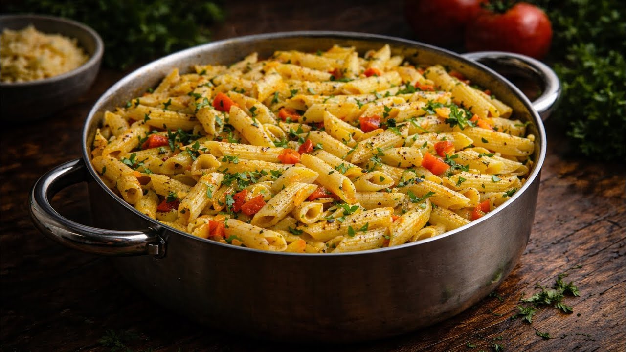 Quick One Pan Vegetable Pasta with Garlic & Spices  Simple Dinner Recipe