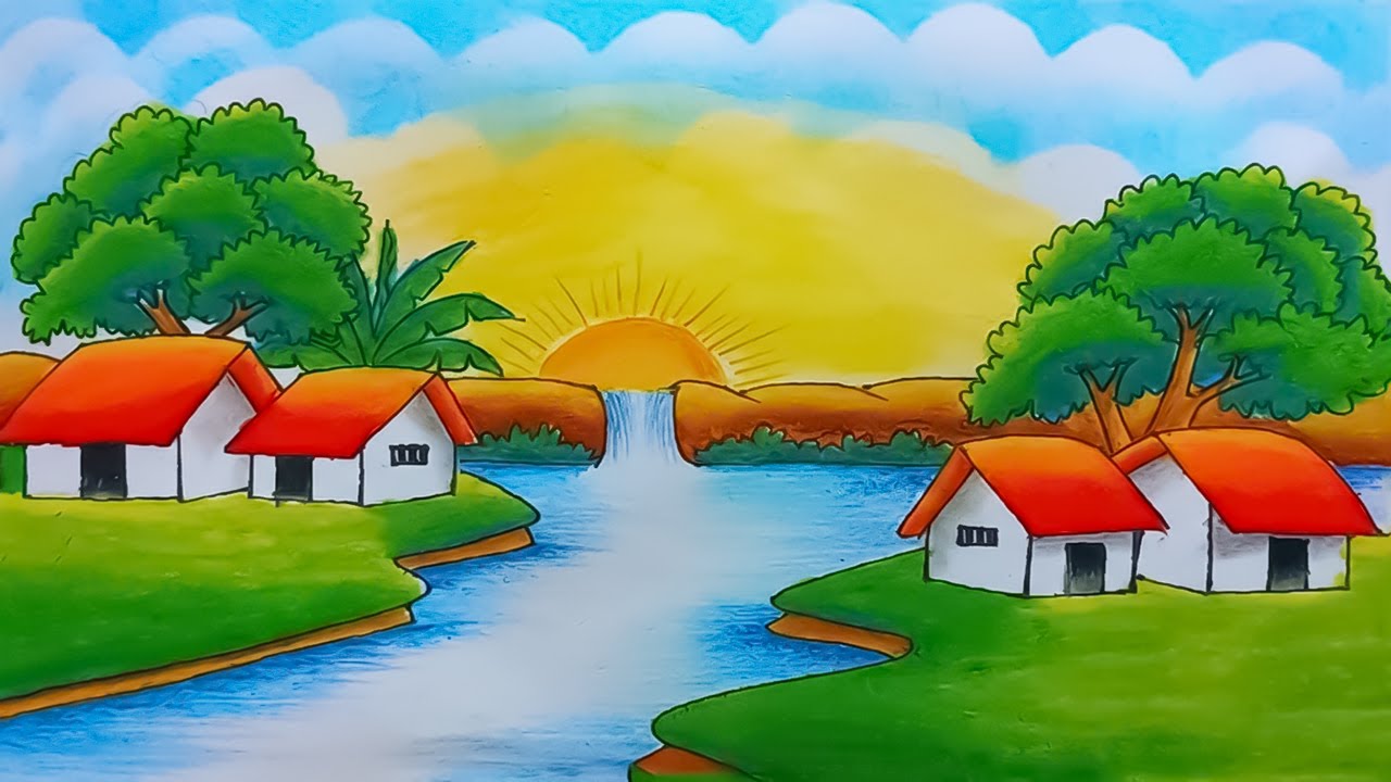 How To Draw Easy Village Landscape Drawing | Beautiful Waterfall & Sunset Scenery Step by Step