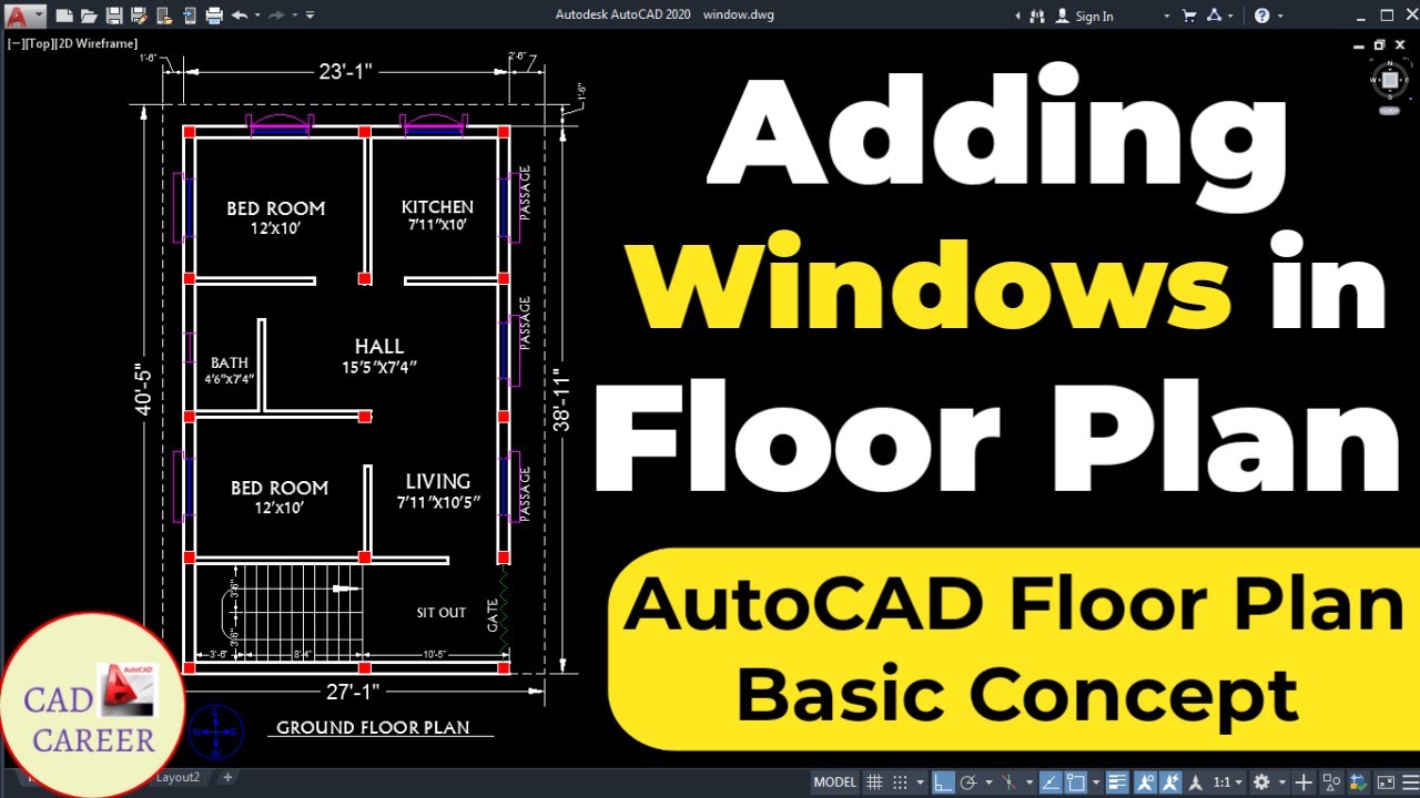 DRAW AND ADDING WINDOWS IN FLOOR PLAN | AutoCAD 2020 | WINDOWS INSERT IN 2D FLOOR PLAN | HINDI