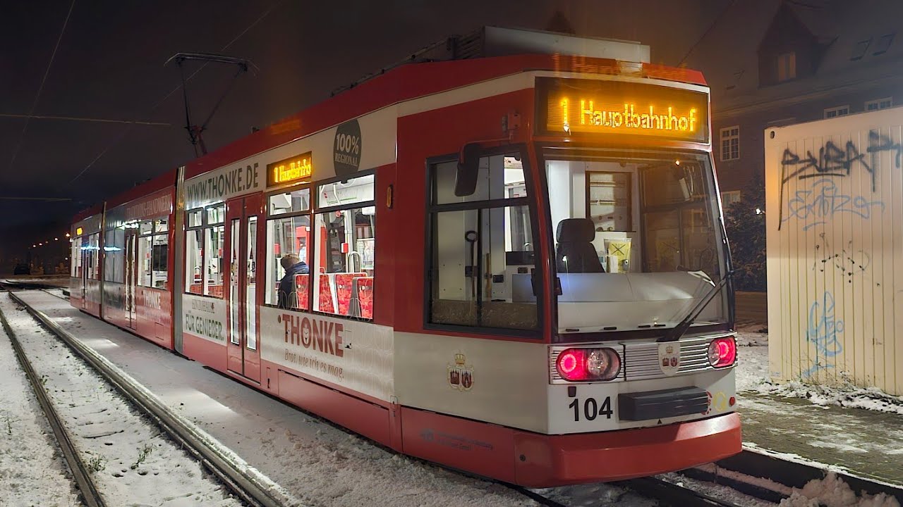 Mitfahrt in der Linie 1 von Nikolaiplatz bis A-Saefkow-Allee im MGT6D Wagen 104 von VBBR mit HU