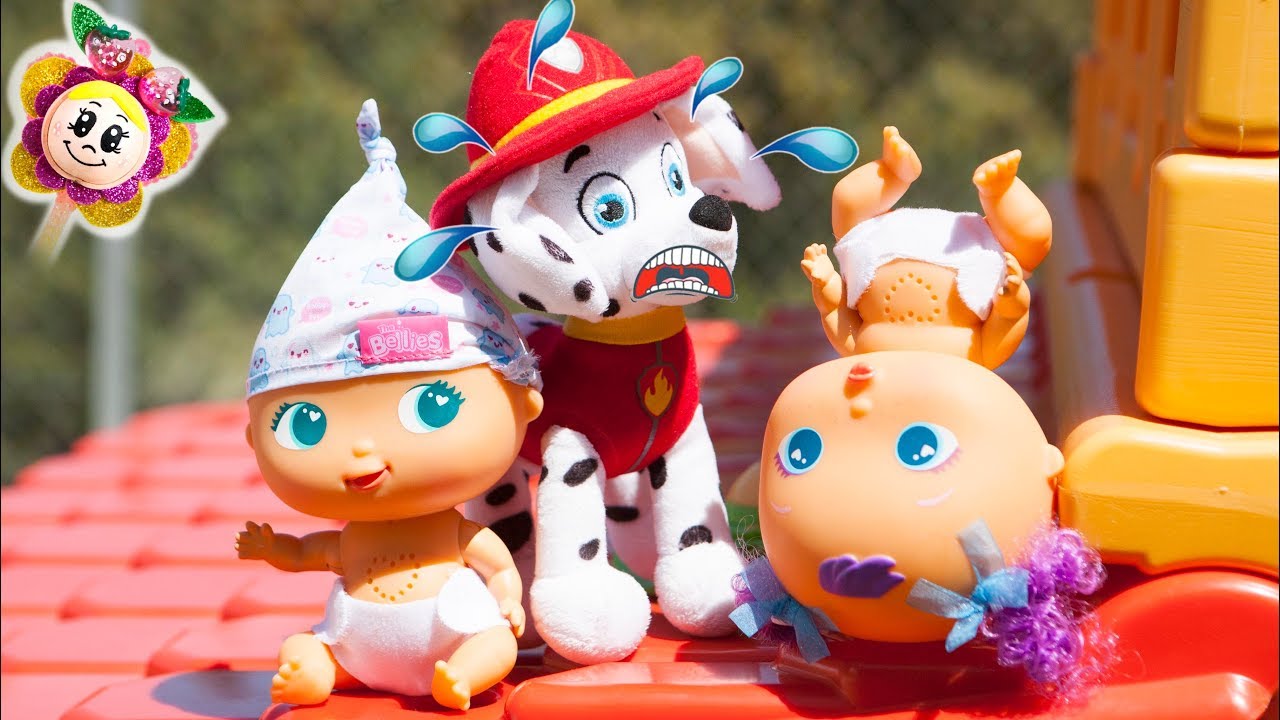 Oh no! Los BEBÉS BELLIES se suben al tejado de la CASA DE JARDÍN con TOBOGÁN! Ayuda PATRULLA CANINA