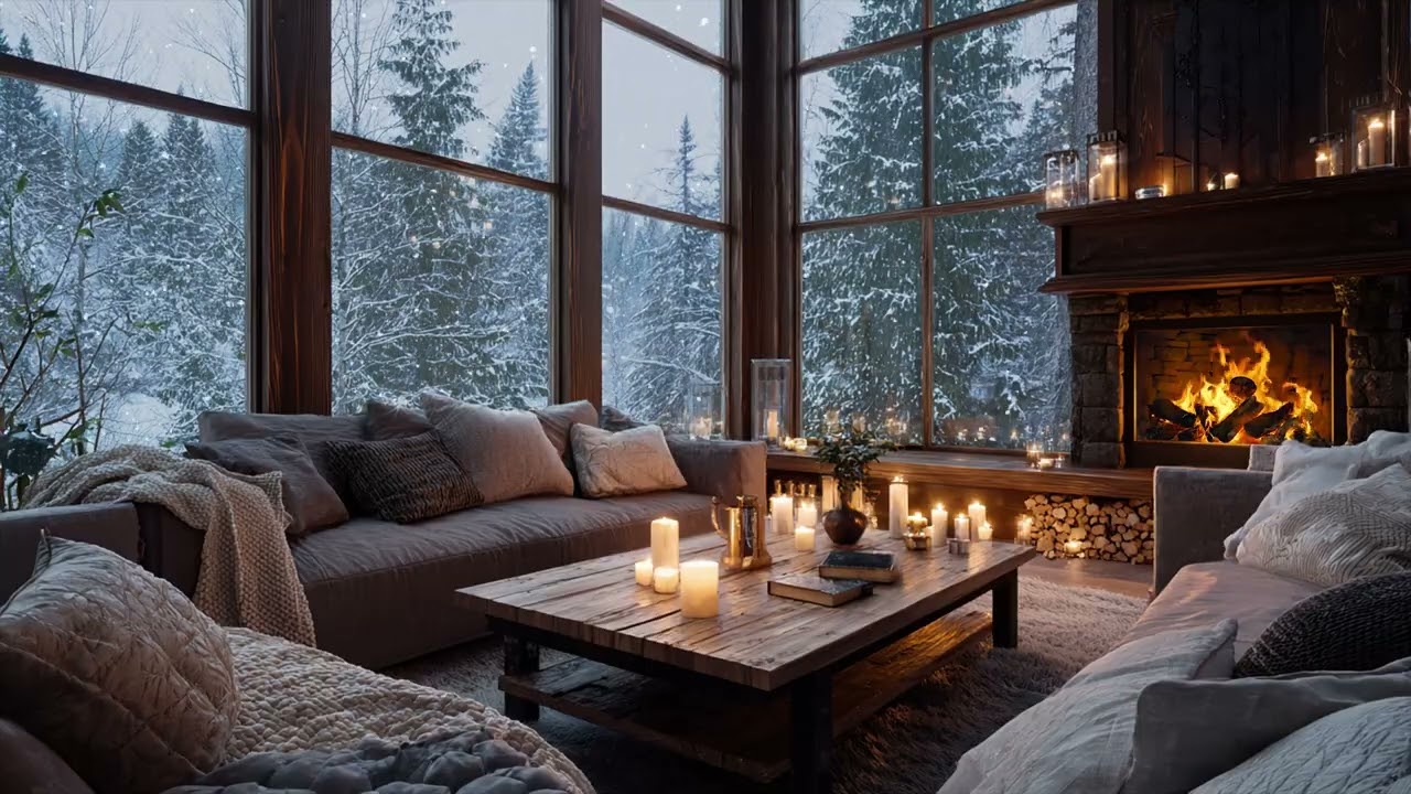 Golden Firelight In A Rustic Living Room While Heavy Snow Drifts Outside