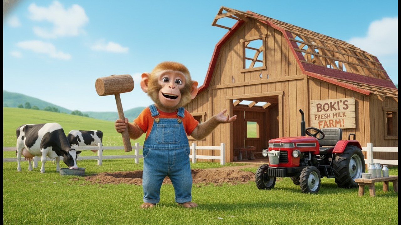 Farmer Monkey Boki Builds Dairy Cow Farm! Fresh Milk Adventure! 🐄🏡