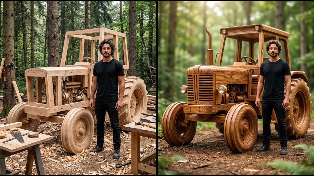 Man Builds a Full Size Wooden Tractor in the Forest (ASMR) | survival video | Everyday Hard Work