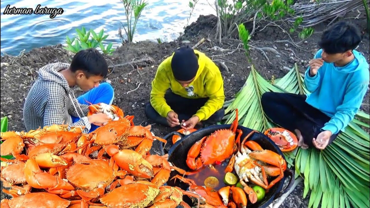 Kepiting hasil tangkapan langsung di masak & mukbang di alam terbuka