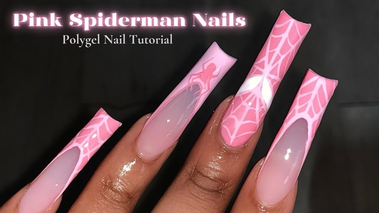 PINK SPIDERMAN POLYGEL NAILS 🕷️🕸️💗 Spiderman Nail Art Tutorial | Halloween Nails