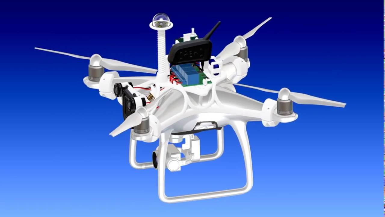 Flying megaphone with remote controlled searchlight for DJI Phantom 4