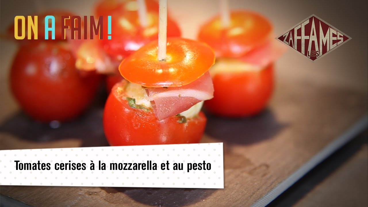 Recette de tomates cerises à la mozzarella et au pesto. On a faim!