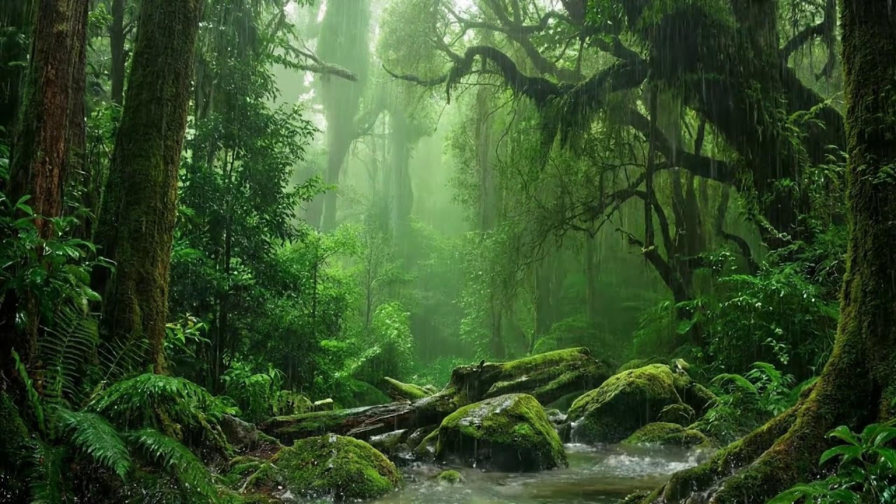 Tranquil Rainfall In Dense Forest With Warm Piano Music For Stress Relief And Night Rest Time