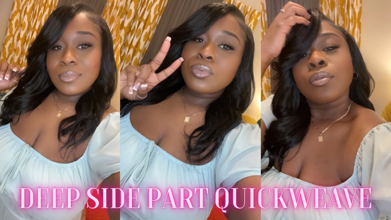 HOW TO: Easy Layered Deep Side Part QUICKWEAVE | w/ Leave Out on Short Natural Hair