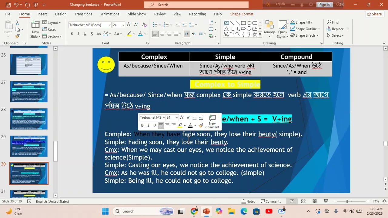 Changing sentence final part , Simple-Complex-Compound !!