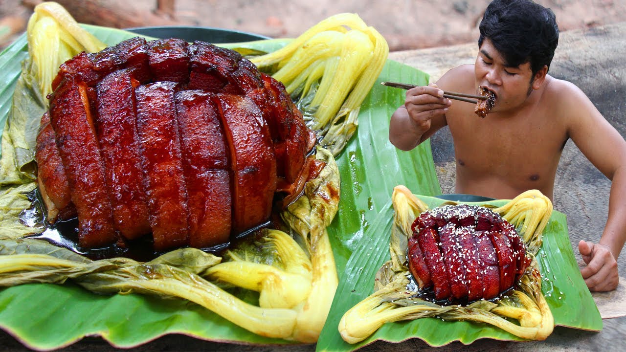 Cooking Pork Meat Belly in Pan eating So Delicious give yourself Warm - Cook Pork Meat with Vege