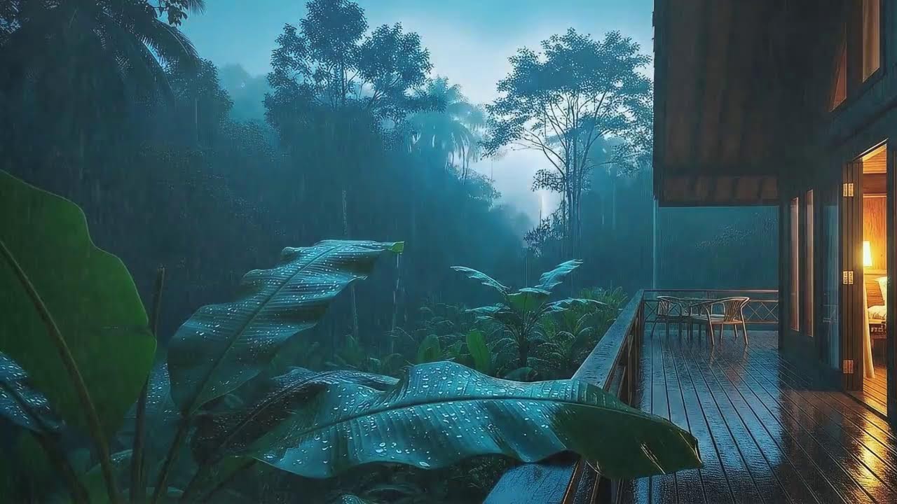 Instant Sleep with Light Rainfall and Soft Thunder Echo at Forest Cabin Terrace 🌧️