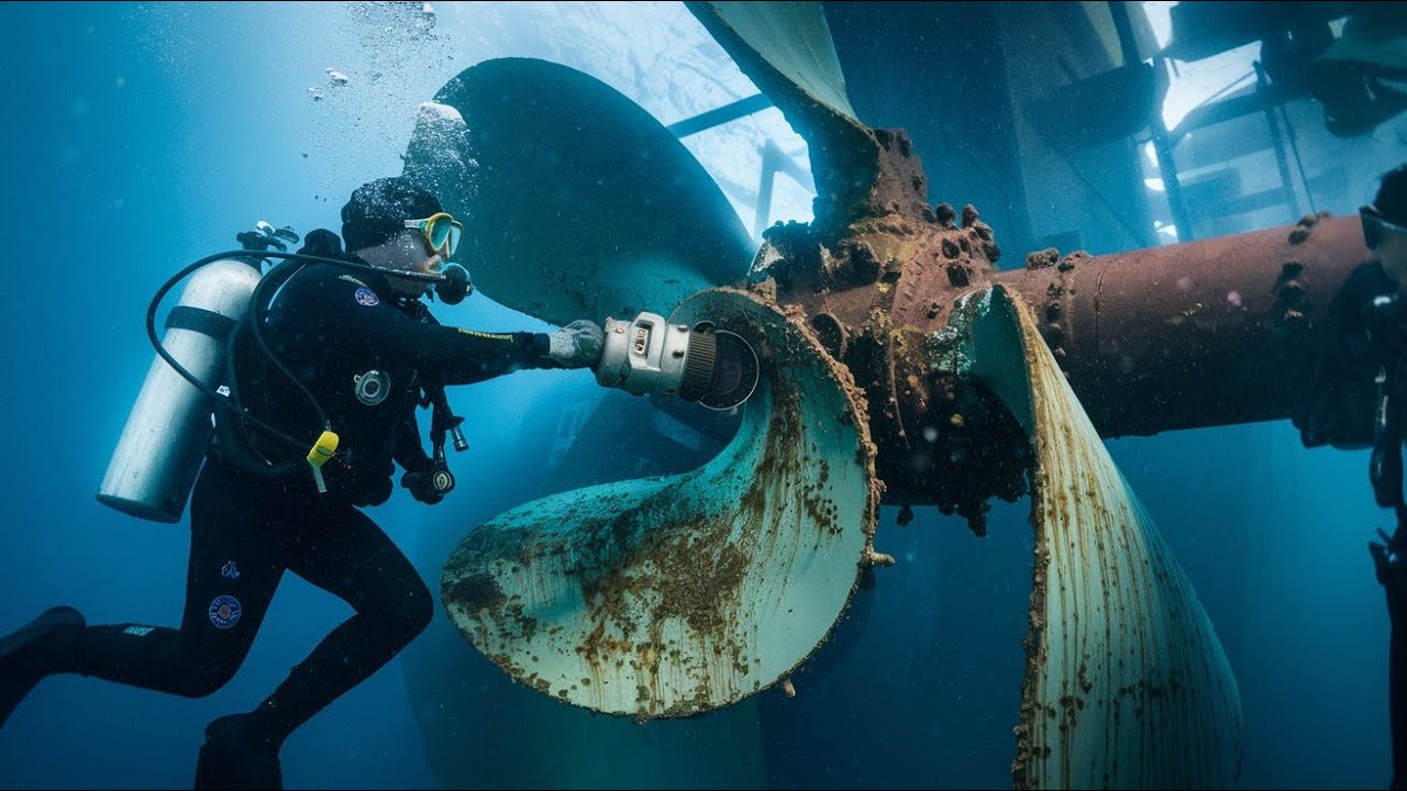 Watch How Divers Do Underwater Big Ship Propeller Polish