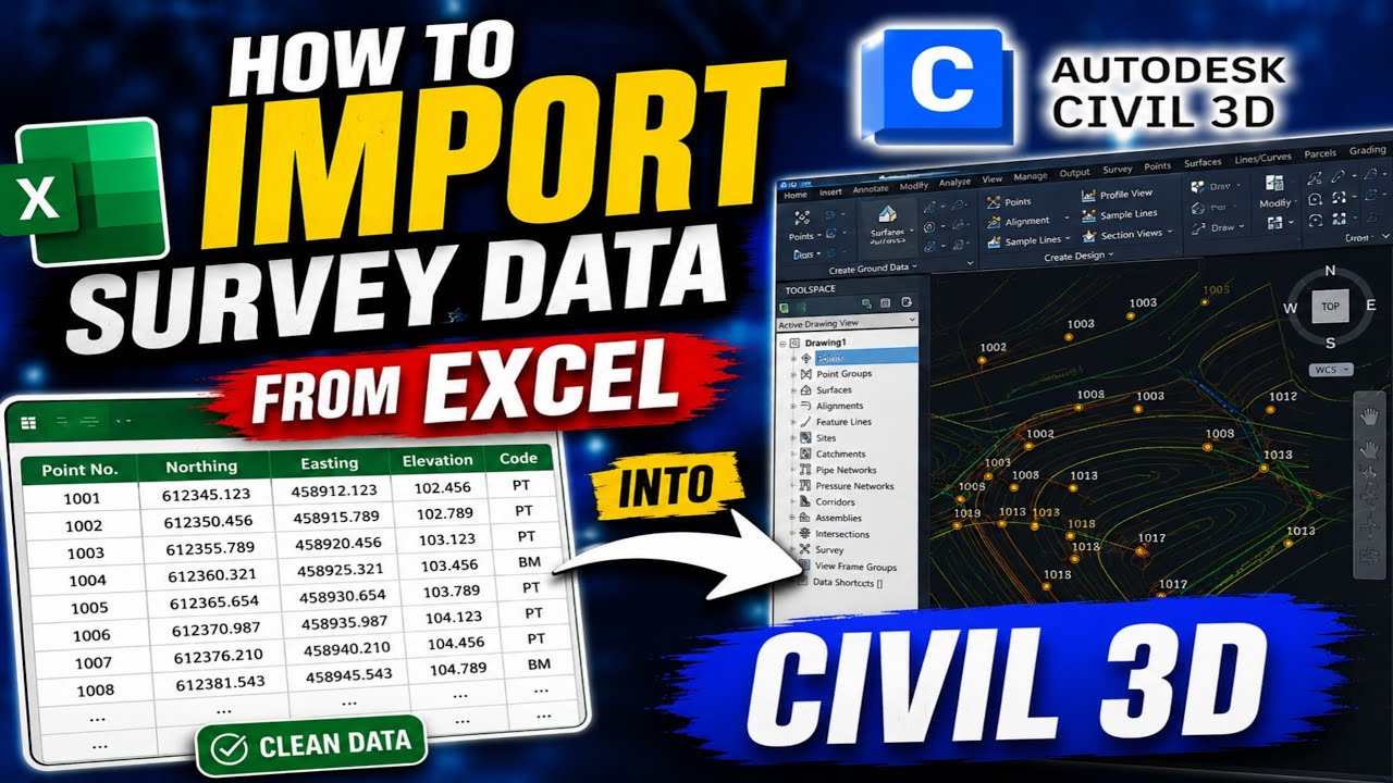 How to import Survey Data from Excel into Civil 3D || Create Surface using Civil 3D