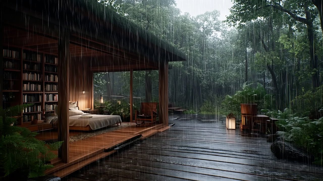 Heavy Jungle Rain Ambience: Cozy Tropical Bedroom & Library for Deep Sleep and Study