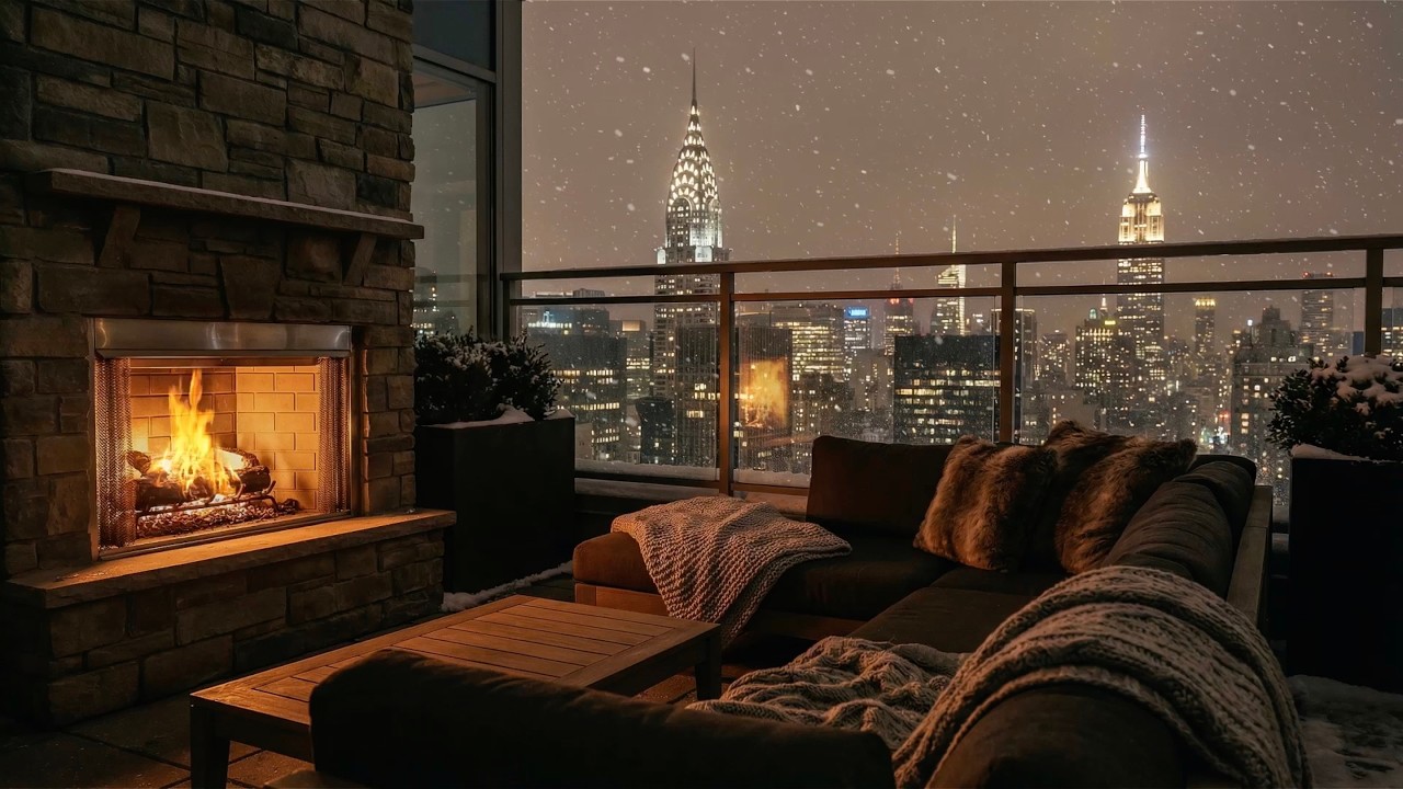Peaceful New York City Winter Night Balcony Ambience for Sleep, Relax, Work 😴🌃❄️ (Fireplace Sound)