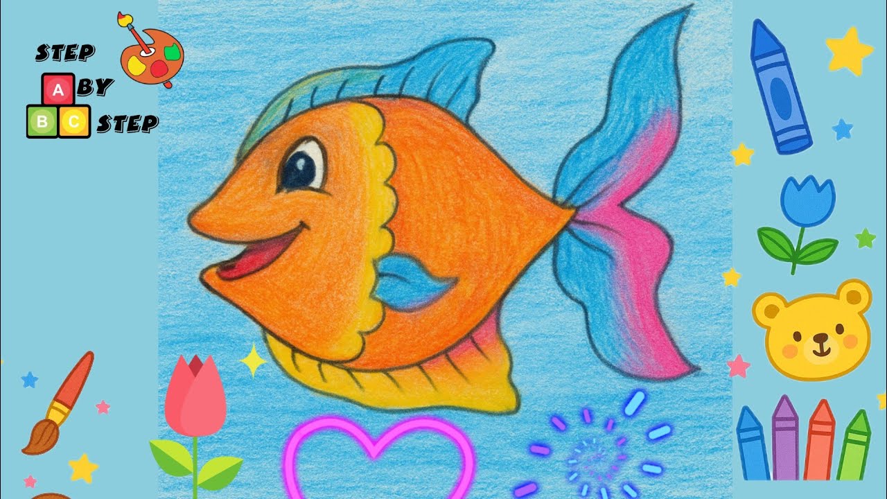تعليم الرسم للاطفال /رسم سمكه خطوة بخطوة /رسم سهل